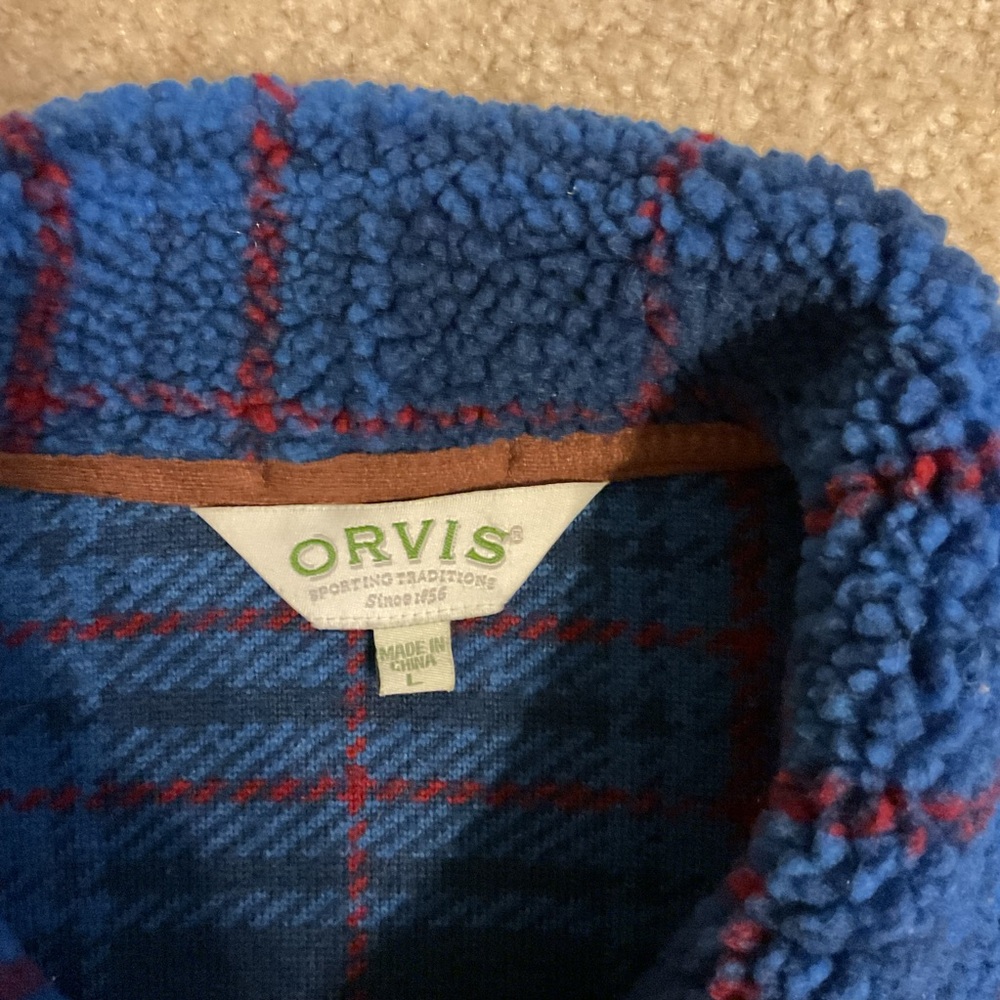 Orvis Blue Burgundy Plaid & Brown Trim Toggle 5 Button Down Fleece Jacket Blazer - Picture 13 of 15